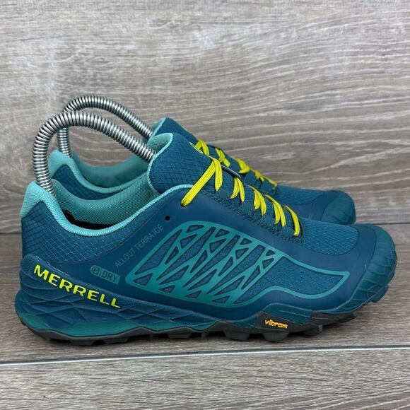 Merrell All Out Terra Ice Women’s Sz 6 Teal Lime Low Top Vibram Mountain Shoes - Picture 1 of 12